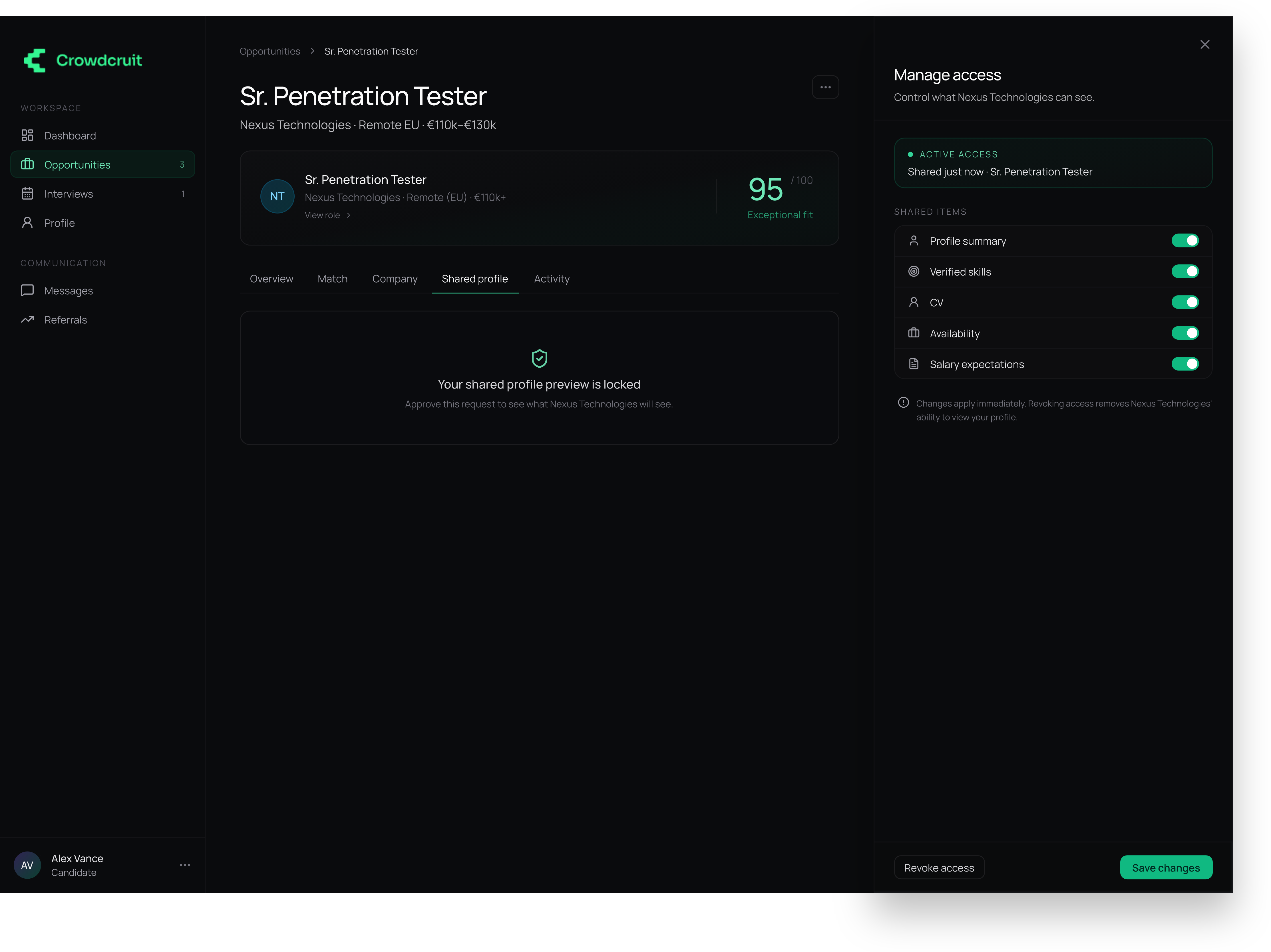 Candidate – manage access panel